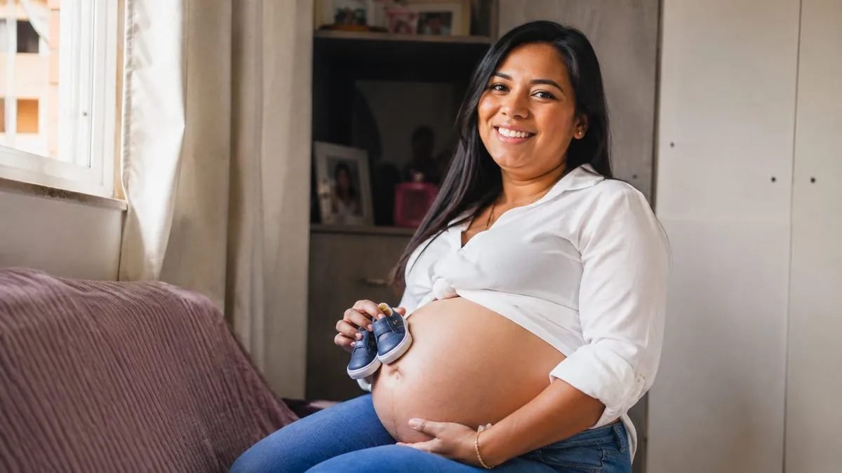 Mãe grávida sorrindo, segurando um par de sapatinhos de bebê