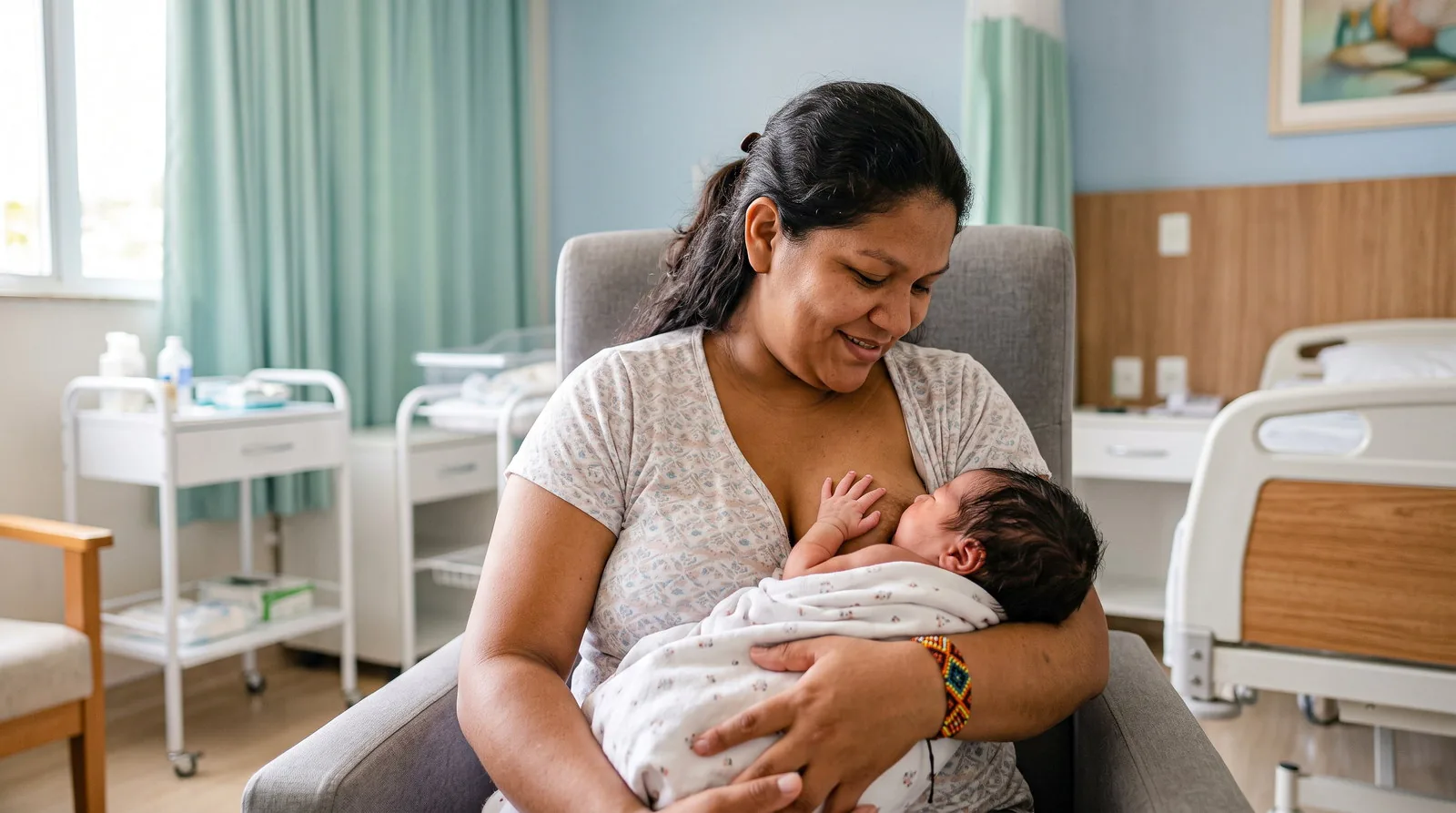 Mãe sorrindo enquanto acolhe o bebê recém-nascido no colo, no quarto da maternidade